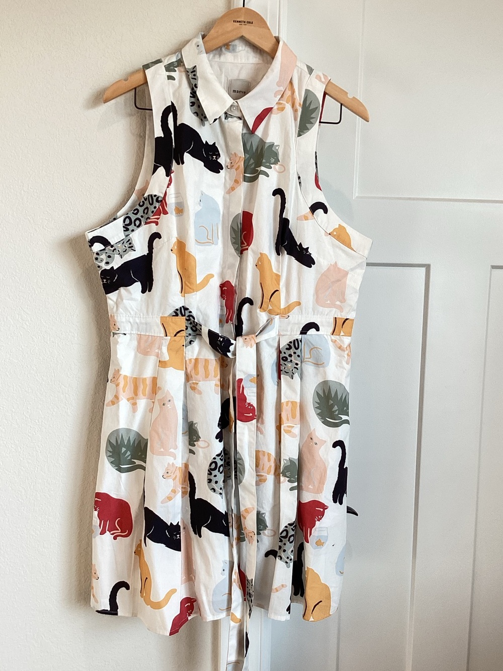 Anthropologie Belted Mini Shirt Dress Fit & Flare New XL Novelty Ivory Cats - Picture 4 of 11